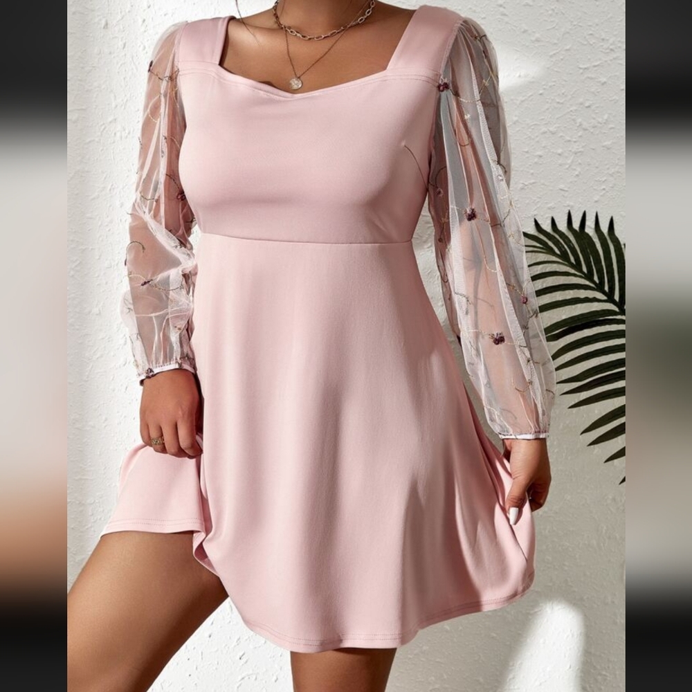 SHEIN 2xl Contrast Mesh Lantern Sleeve Floral Embroidery Dress
